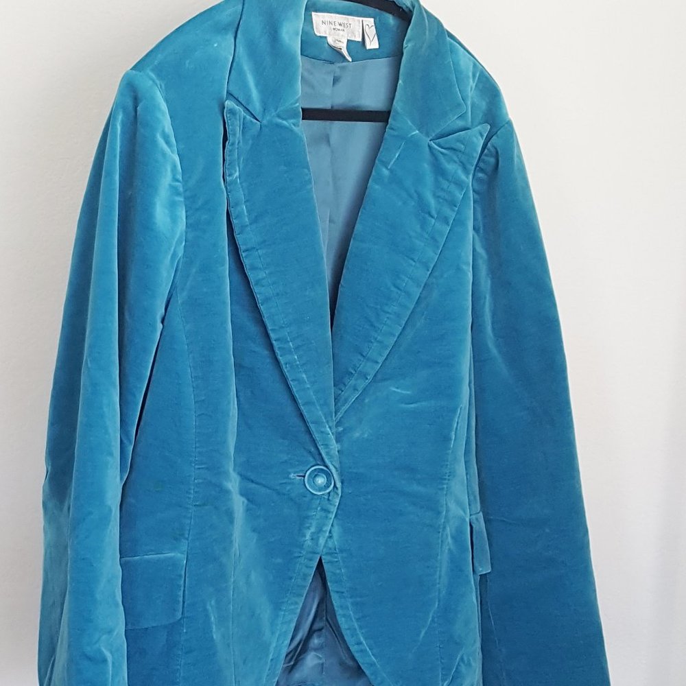 NINE WEST Jacket Sz 18W Aquamarine Velvet One Button Cutaway Style Lined